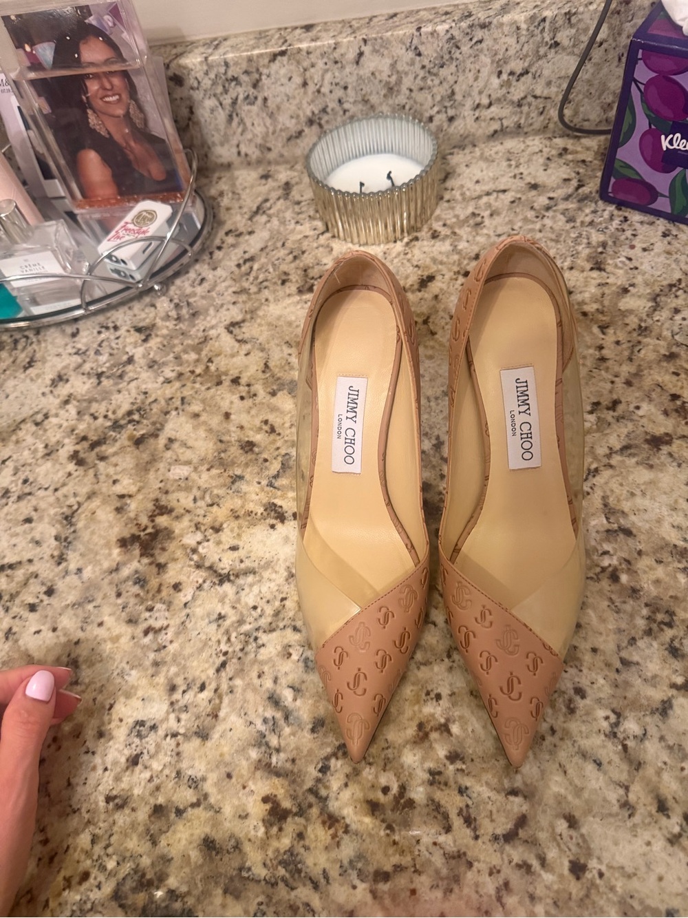 Jimmy Choo Beige and Tan Pointed-Toe Logo Leather Pumps